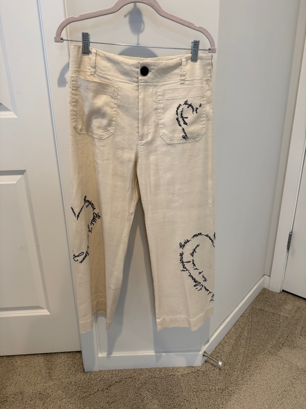 Maeve (The Colette) Cream Cropped Embroidered Heart Pants